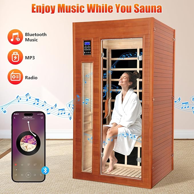 1-2 Person Infrared Sauna, Dry Heat Sauna with Red Light Therapy, Bluetooth, Radio, 7-Color Therapy Light for Home, Indoor, Gym, Wellness Center, 36″ x 36″ x 73″