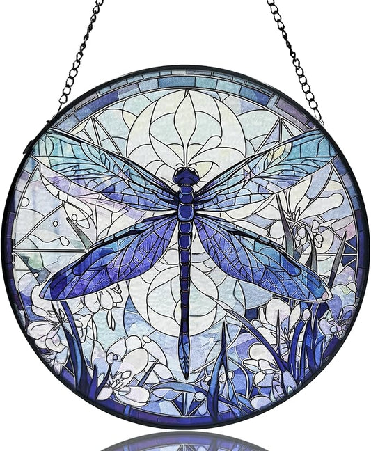 Dragonfly Decor Suncatcher Stained Glass Window Hanging - Handmade Artistic Suncatchers for Windows Hanging, 9.8 inch