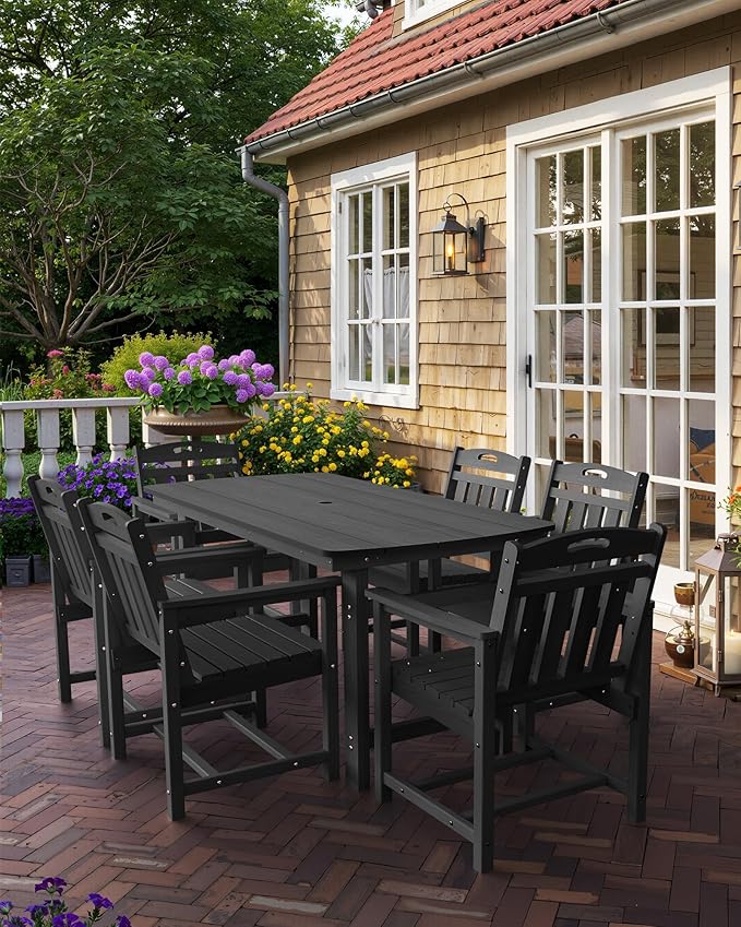 HDPE Outdoor Patio Dining Set with Table & 6 Chairs, All-Weather 7-Piece Outdoor Table and Chairs, 2" Umbrella Hole, Patio Furniture for Garden, Backyard, Deck | Matte Black