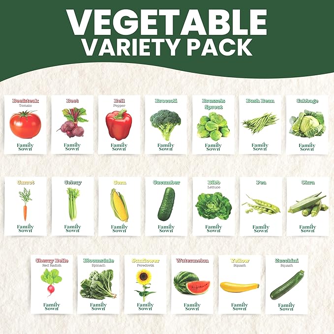 20 Vegetable Seed Packets | Survival Variety Pack | 2025 Season | Individually Packed Vegetables, Herbs and Fruits | Emergency Seed Vault for Doomsday Prepping | by Family Sown