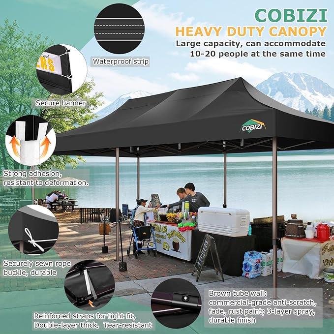 COBIZI 10x20 Pop Up Heavy Duty Canopy with 6 Sidewalls and Hexagonal Legs, Easy up Tent for Parties, Commercial and Wedding, Outdoor Canopy with Roller Bag, Sand Bags, Waterproof & UPF50+ (Black)