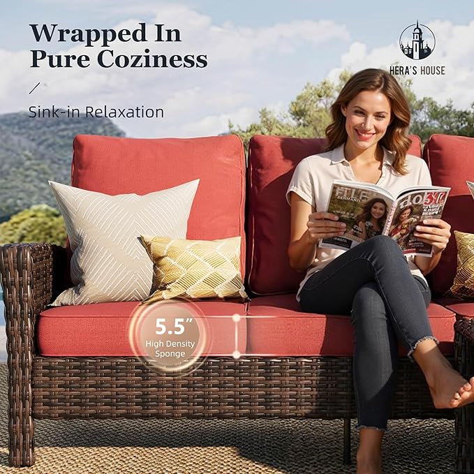 HERA'S HOUSE Red Patio Furniture Set, 8-Piece Outdoor Seating Conversation Sets with High Back Wicker Sofa, 4 x Swivel Chairs with 5.5" Thick Cushions, Fire Pit Table & Ottomans for Deck Yard Garden