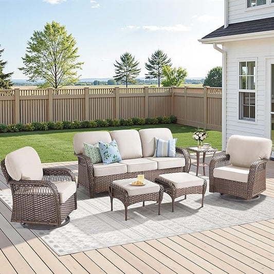6 Pieces Patio Furniture Set Outdoor Sectional Sofa Couch with Rocking Swivel Chairs 5" Deep Seat Chairs, Modern Wicker Rattan Conversation Set, Beige/Brown Wicker