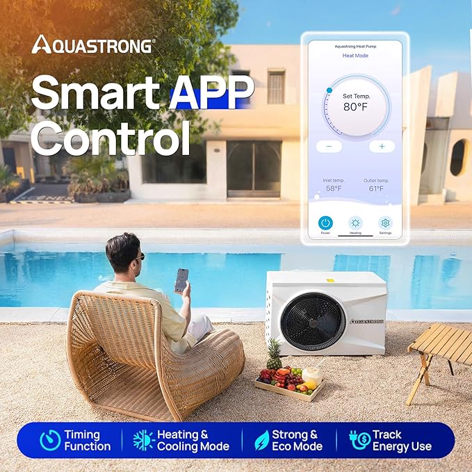 Aquastrong Inverter Swimming Pool Heat Pump, 35,000 BTU 9,000 Gallons Electric Pool Heater for Above Ground and Inground Pool, WiFi Capable Timer, Heating and Cooling Pool Heater 120V