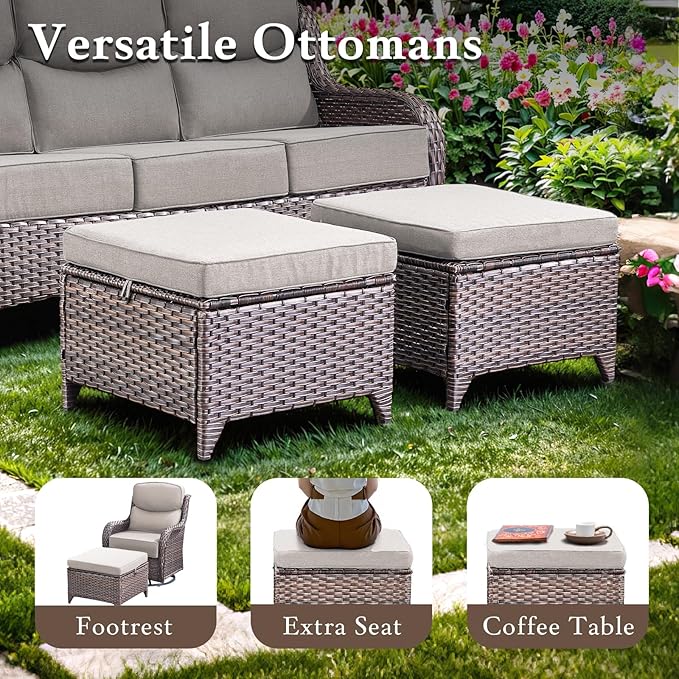 Luxury Outdoor Furniture Set with 6-Inch Thick Cushions, High Back Swivel Patio Chairs with Ottomans & Side Table, Wicker Outdoor Swivel Chairs Set for Porch, Yard, Deck, Poolside, Brown/Beige