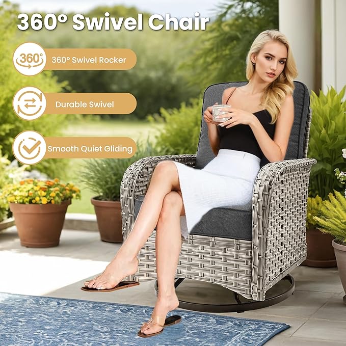 HOOOWOOO Outdoor Sectional Furniture Set with Fire Pit Table,9 Pieces Wicker Patio Conversation Sets,L Shape All Weather Outside Couch Sofa Set with Swivel Chairs Solar Light Table Ottoman,Black