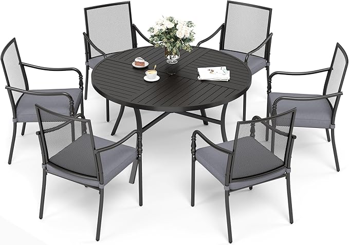 Patio Table and Chairs Set of 6, All-Weather Breathable Metal Mesh Patio Chair with Gourd-Shaped Armrests, 54x54 Round Table with Umbrella Hole, 7 Pcs Metal Frame Patio Dining Set