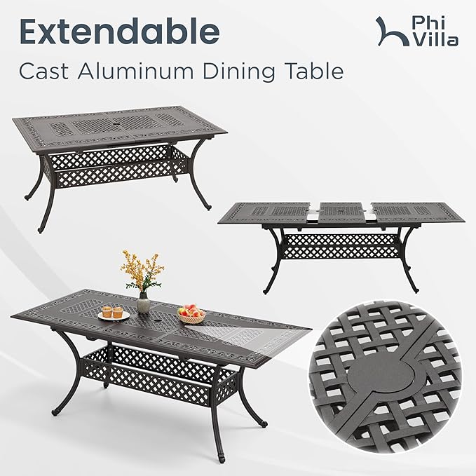 PHI VILLA 7 Pieces Expandable Cast Aluminum Outdoor Dining Set for 6, Extendable Metal Table with Umbrella Hole & Cushioned Wicker Chairs, Dining Furniture Set for Patio, Deck, Yard and Porch