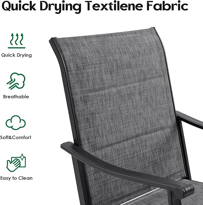Patio Swivel Chairs Set of 2, Outdoor Dining Chairs with Padded Textilene, Swivel & Rocker Metal Outdoor Patio Dining Chairs All-Weather for Backyard, Grey Fabric with Black Frame