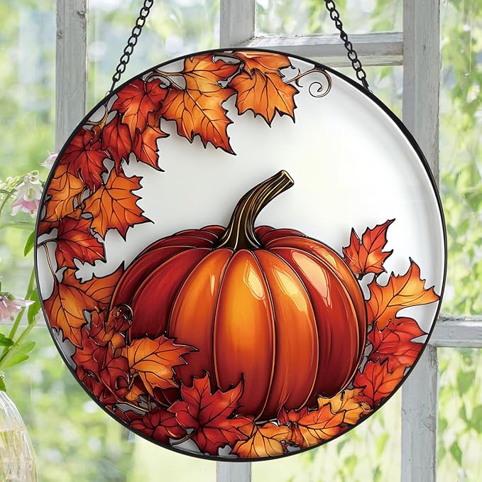 Pumpkin Maple Leaf Suncatcher -7.9 in Stained Glass Window Hanging Sun Catcher Garden Decor