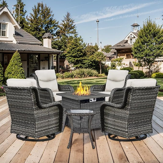 Patio Luxury Conversation Set 6PCS Resin Wicker Swivel Chairs Set, 4 Swivel Patio Chairs with Rattan Side Table and 30in Square Wicker Fire Table Set Grey Wicker|Beige Cushions