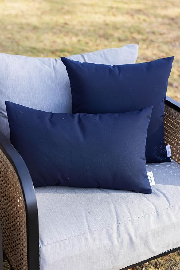 RSH DECOR: Lumbar Throw Pillows Set of 2 | 20” x 12" | All-Weather Spun Fabric | Water and Fade-Resistant | Outdoor Support Pillows for Patio Furniture | Navy Blue