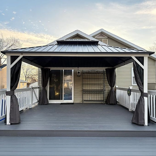 PURPLE LEAF 12' X 14' Hardtop Gazebo,Outdoor White Aluminum Frame Gazebo with Curtain and Netting for Patio, Garden and Backyard