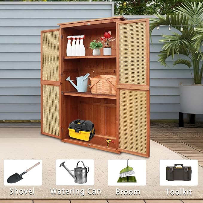 60 Inches Outdoor Storage Shed, Wood Shed with Rattan Indoor Storage Cabinet with Floor, Adjustable Shelves for Patio, Garden,Lawn and Living Room, Brown