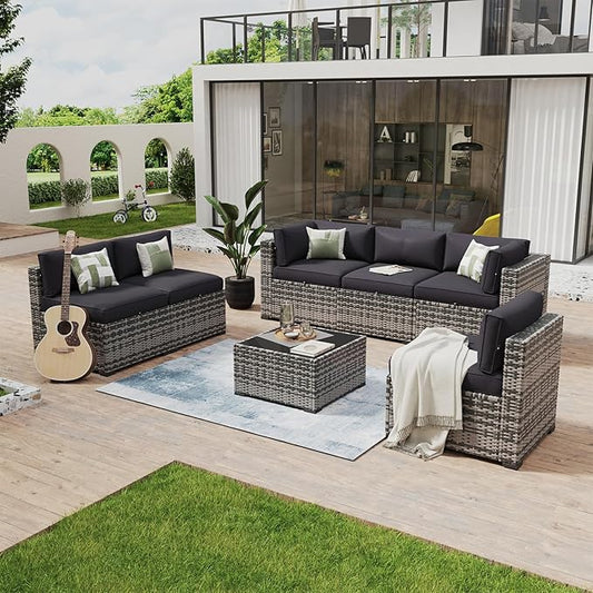 Aoxun 7 Piece Patio Furniture Set Wicker Rattan Patio Conversation Set Outdoor Sectional Sofa Set with Coffee Table and Thickened Cushions, Grey/Black(Waterproof Cover Included)