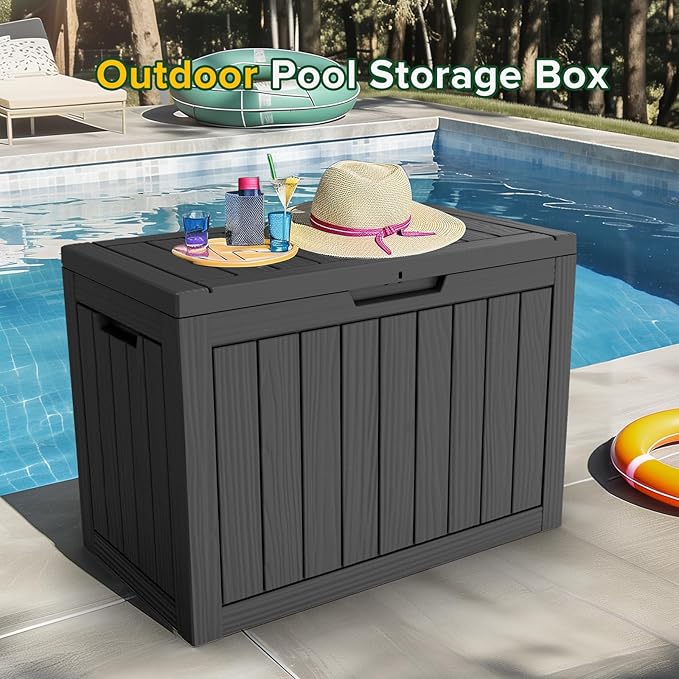 45GAL Black Outdoor Storage Deck Box with Secure Lock Hole - Weatherproof, SGS Certified UV Resistance, Suitable for Pool Toys and Patio Decor Storage, Features Sturdy Side Handles for Easy Transport