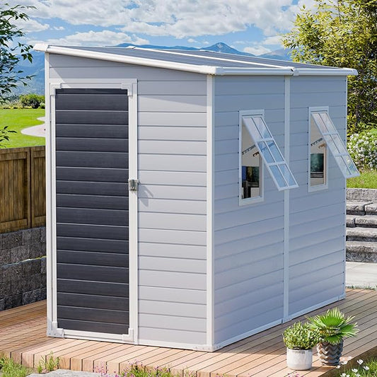 8x4 FT Resin Storage Sheds with Floor and Adjustable Openable Windows, Large Waterproof Garden Sheds with Base, Outside Plastic Sheds with 2 Windows for Backyard Garden Patio Lawn Tools Storage, Gray