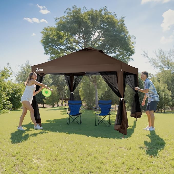CROWN SHADES Gazebo 10x10, Pop Up Gazebo with Mosquito Netting, Screen Tent with 4 Ropes, 8 Stakes, 4 Sandbags and Wheeled Storage Bag, Canopy for Patio & Backyard, Coffee