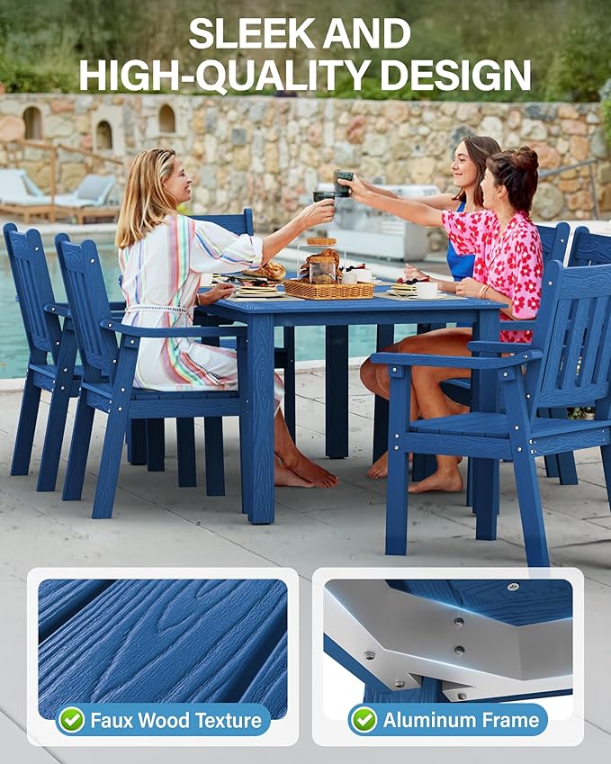 YEFU HIPS Patio Table Set: 10 Piece Outdoor Table and Chairs Dining Furniture Set with Umbrella Hole - Blue Modern Plastic Dining Sets 8 Person for Outside Deck with Metal Aluminum Frame