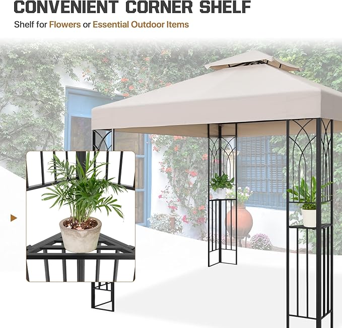 COOS BAY 8x8 Outdoor Patio Gazebo with Corner Shelves, Two-Tier Soft Top Canopy for Backyard, Lawn, Deck and Garden, Beige