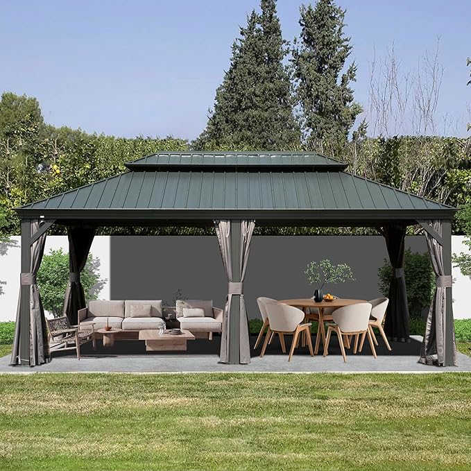 Domi 12' X 18' Hardtop Gazebo Outdoor Metal Gazebo with Galvanized Steel Double Roof Canopy, Aluminum Frame, Curtains and Netting for Patio, Deck, Garden, Grey