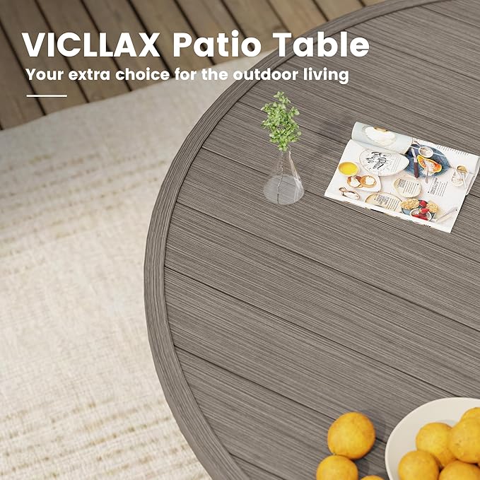 VICLLAX Outdoor Patio Round Dining Table, 53"x 53" Metal Slatted Round Tabletop with Adjustable Umbrella Hole for Deck Lawn Garden Backyard, Antique Grey