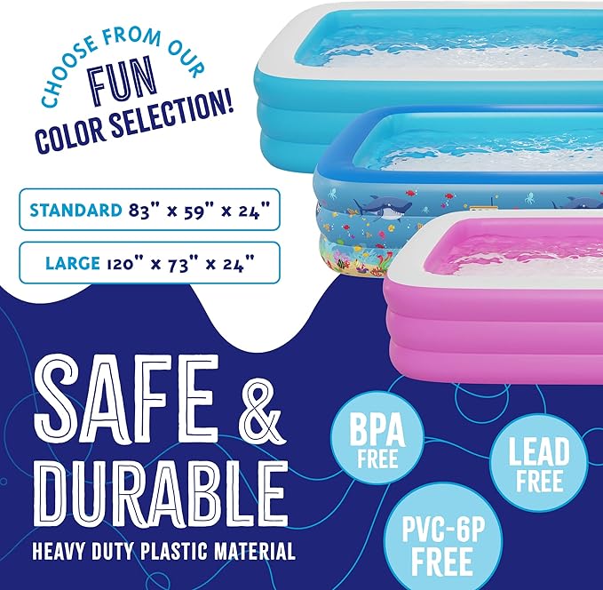 Blue Inflatable Swimming Pool (120" x 72.8" x 23.6") Built-in Air Pump Inflatable Kiddie Pool, Family Pools for Kids and Adults - Self Inflating Backyard Blow Up Pool for Toddlers & Babies (Large)