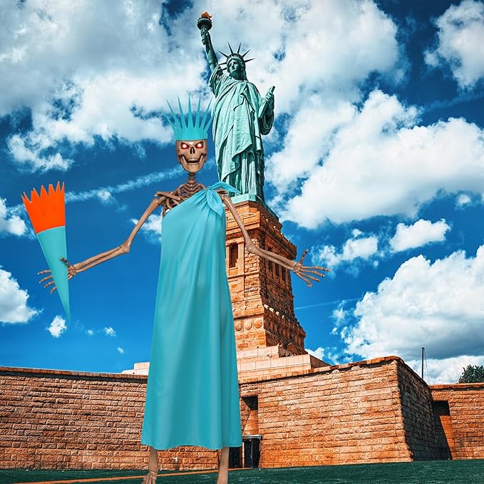 3 Pcs 12 ft Skeleton Accessories Skeleton Statue of Liberty Costume Kit with Crown and Torch Outfit Set Giant Sized Clothing for Outdoor Garden
