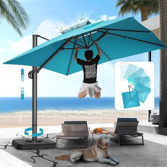 HOTIME10x10ft Patio Umbrella Cantilever Umbrella Double Top - Upgrade and Intensify - 360 Rotation and 5 Angles Adjustment - Aluminum Offset Pool Umbrella Outdoor Umbrellas for Patio Garden Deck Pool