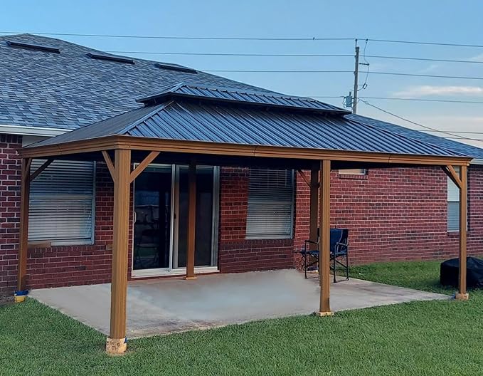 Domi 14' X 20' Hardtop Gazebo Large Outdoor Metal Gazebo with Galvanized Steel Double Roof Canopy, Wood Grain Aluminum Frame, Curtains and Netting for Patio, Deck, Garden