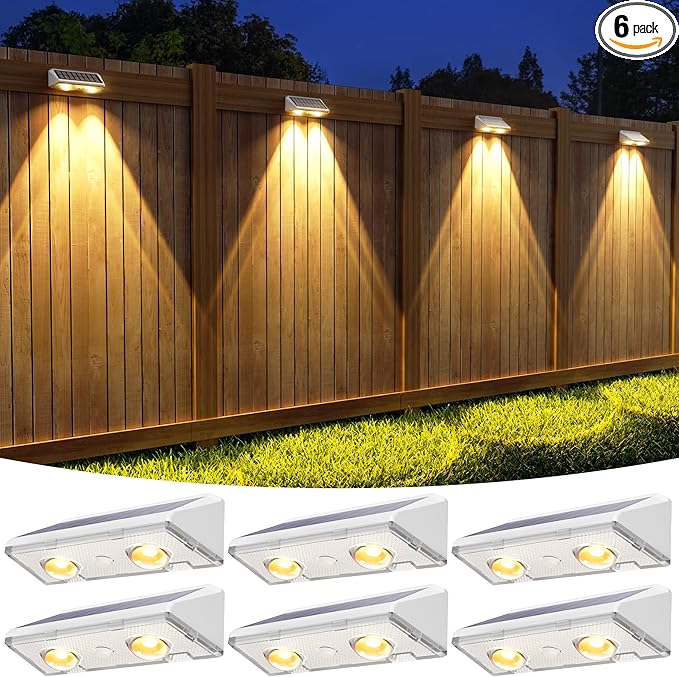 APONUO Solar Fence Lights Outdoor Waterproof, Fence Lights Solar Powered, 9 RGB Color Modes&Warm White&Cool White, Fence Solar Light Outdoor for Backyard, Patio, Wall, Yard,Deck, (White, 6 Pack)