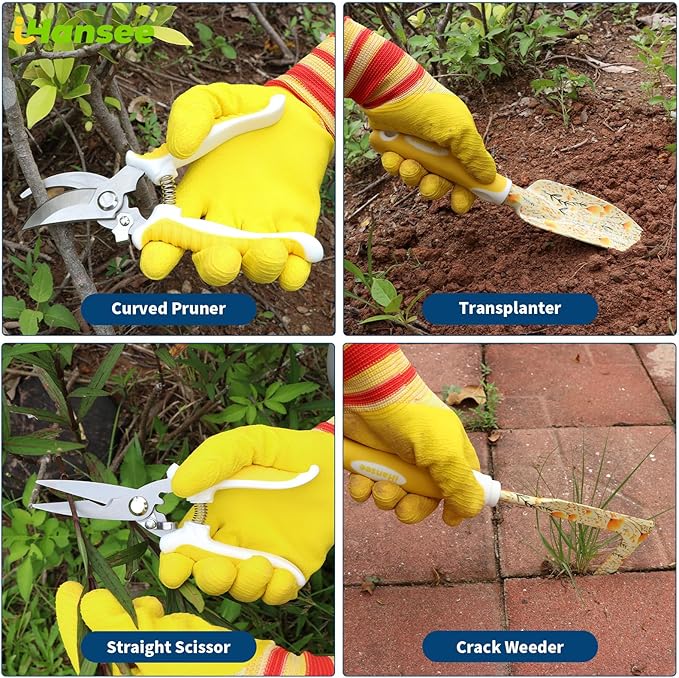 Yellow Garden Tools for Women, iHansee 10-Piece Garden Tools Set with Handbag, Gardening Hand Tool w/Non-Slip Ergonomic Handle, Floral Print Garden Supplies, Cute Gardening Gift for Mom Grandma