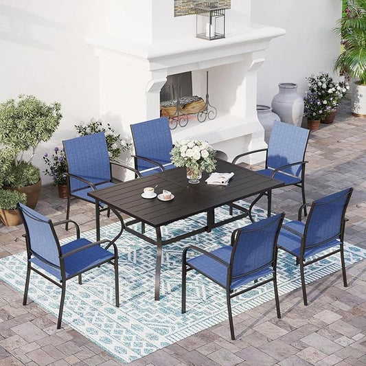 7 Piece Patio Dining Set for 6, Rectangular Metal Dining Table with Umbrella Hole and 6 Chairs, Outdoor Table and Chairs Set for Lawn Backyard and Deck, Blue