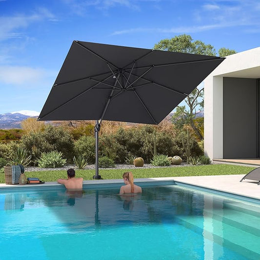 PURPLE LEAF 8' X 8' Patio Umbrella with In-ground Base for Pool 7' High Offset Outdoor Cantilever Umbrella Swimming Pool Umbrella with 360°Rotation for Poolside Grey