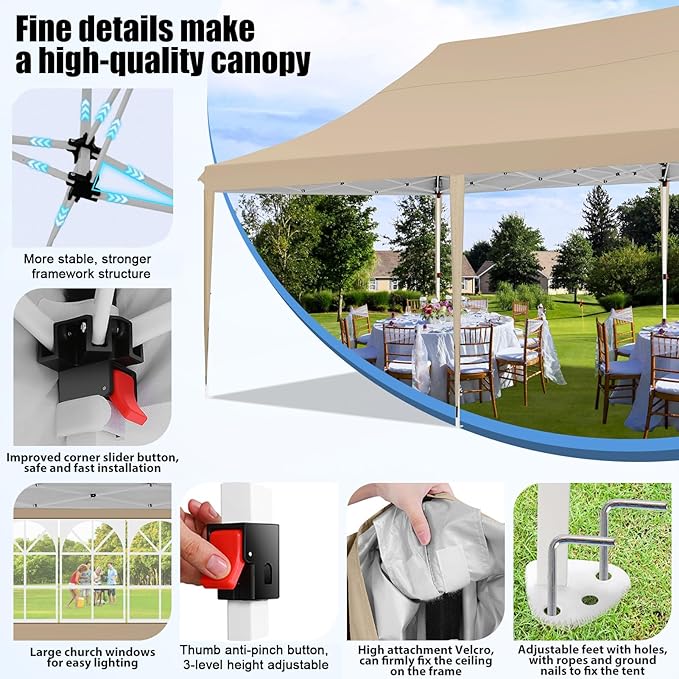 COBIZI 10x20 Pop Up Canopy with 6 Sidewall, Commercial Canopy UPF 50+ Waterproof Outdoor Gazebo with Carry Bag, Tents for Parties with Upgrade Frame, 3 Height Adjustable, Khaki