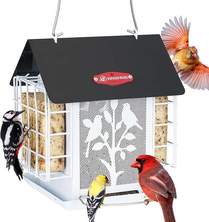 Kingsyard Metal Bird Feeder for Outdoor Hanging, Wild Bird Feeder with Double Suet Cage, Weatherproof Roof and 3 lbs Large Seed Capacity, White
