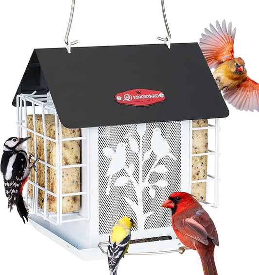Kingsyard Metal Bird Feeder for Outdoor Hanging, Wild Bird Feeder with Double Suet Cage, Weatherproof Roof and 3 lbs Large Seed Capacity, White