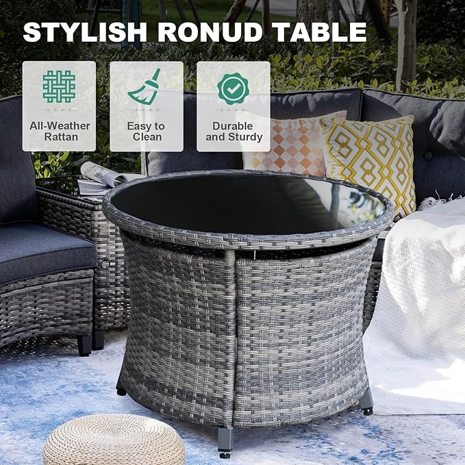MEISSALIVVE 9 Piece Outdoor Patio Furniture Set, Half-Moon Curved Sectional Sofa Rattan Conversation Set with 2 Wood Armrests Swivel Rocker Chairs, Round Coffee Table & Side Table（Grey）
