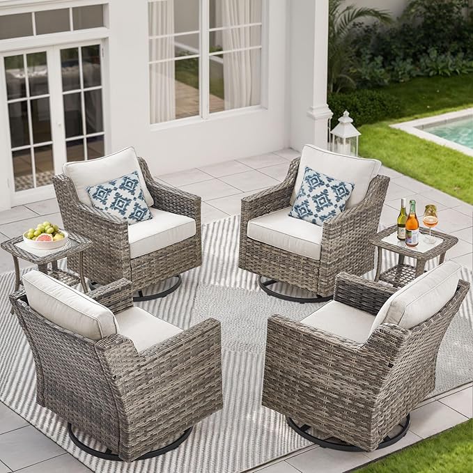 Patio Furniture Set, 6 Pieces Outdoor Wicker Rattan Sofa Couch with Swivel Rocking Chair,Side Table and Comfy Cushions, All Weather Patio Conversation Sets, Suit for Porch Deck