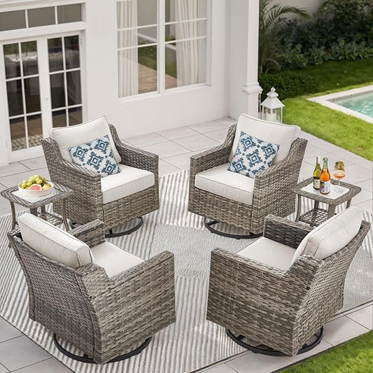Patio Furniture Set, 6 Pieces Outdoor Wicker Rattan Sofa Couch with Swivel Rocking Chair,Side Table and Comfy Cushions, All Weather Patio Conversation Sets, Suit for Porch Deck