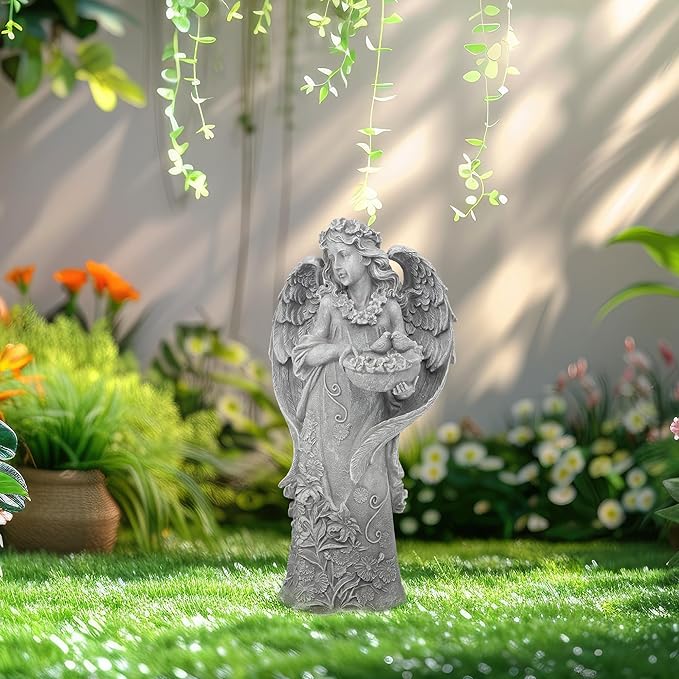 Hanna Roberts Outdoor Statues Angel Décor Garden Statue- 23.5" H Angel Statue,Resin Angel with Bird Figurine, Ideal for Yard, Patio, Deck, Home Entryway, and Hallway（Grey）