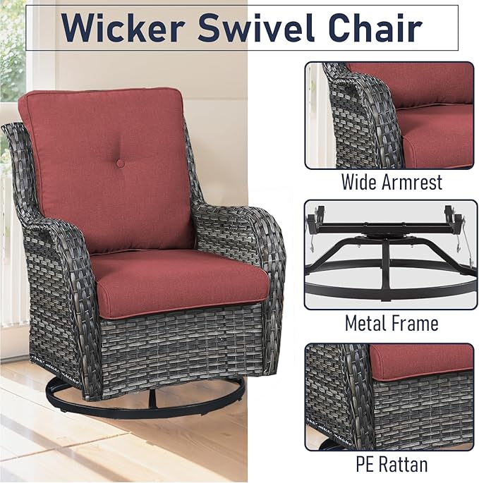 Luxury Wicker Swivel Patio Chairs Set of 3, Outdoor Swivel Rocking Chairs with Side Table, Outdoor Bistro Set for Patio, Porch, Yard, Deck, Poolside, Grey/Red