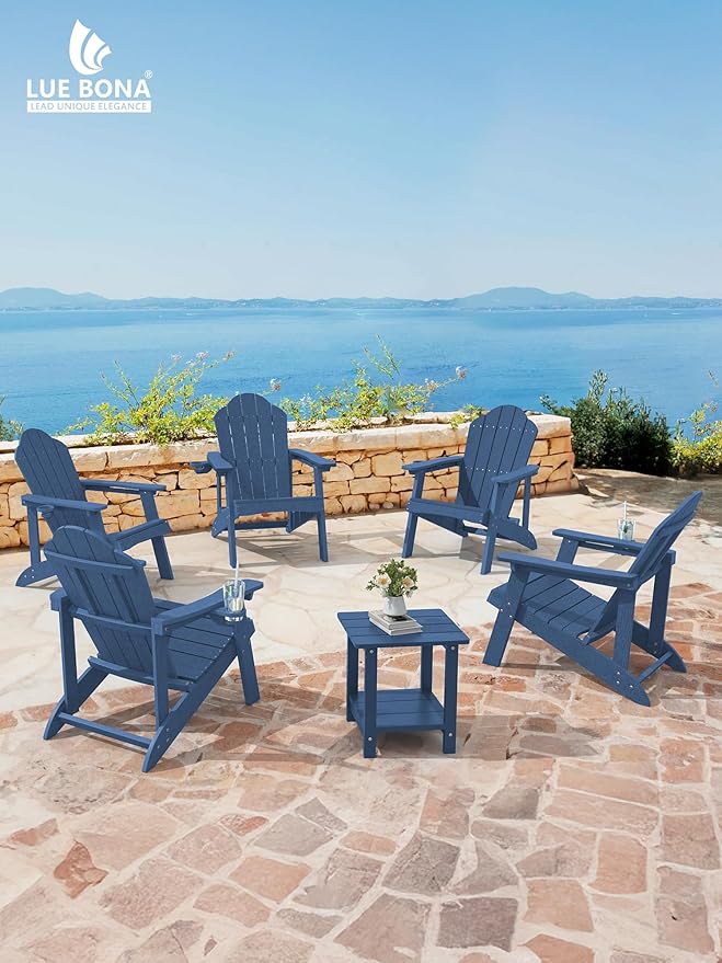 LUE BONA HDPE Adirondack Chairs Set of 4,Plastic Adirondack Chairs with Cup Holder Weather Resistant for Outdoor, Patio, Lawn, Garden, Backyard Deck, Fire Pit, Blue