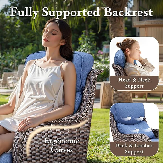 Luxury High Back Outdoor Furniture with 6-inch Extra Thick Cushions, Patio Furniture Set with Swivel Chairs, 7 PCS Wicker Conversation Set for Yard, Deck, Poolside, Brown/Blue