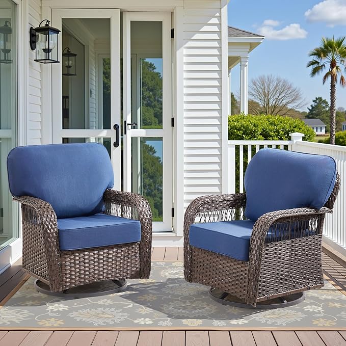Patio Wicker Chairs Swivel Rocker - Rocking Outdoor Chair Set of 2, 360 Degree atio Swivel Glider Chair with All-Weather Removable Cushions for Garden, Porch, Backyard, Blue/Brown Wicker
