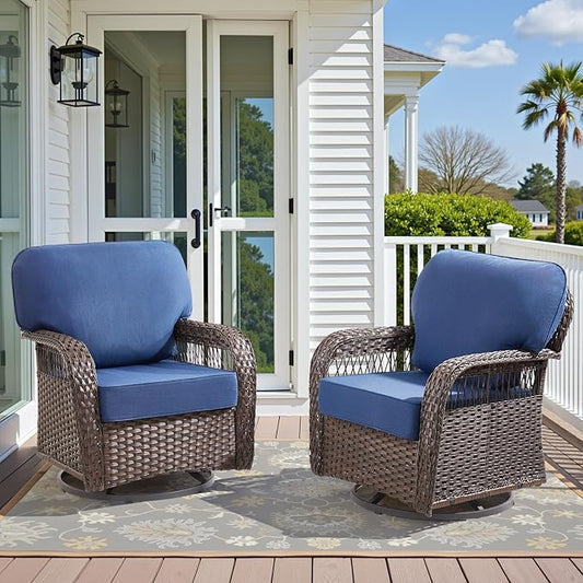 Patio Wicker Chairs Swivel Rocker - Rocking Outdoor Chair Set of 2, 360 Degree atio Swivel Glider Chair with All-Weather Removable Cushions for Garden, Porch, Backyard, Blue/Brown Wicker