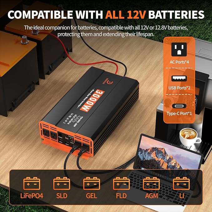 3000 Watt Pure Sine Wave Inverter 12V DC to 110V/120V AC Converter for RV/Truck/Home/Off-Grid Solar Car Power Inverter for Vehicles with 4 AC, 2 USB & 1 Type-C Ports, Remote Controller Cable Included