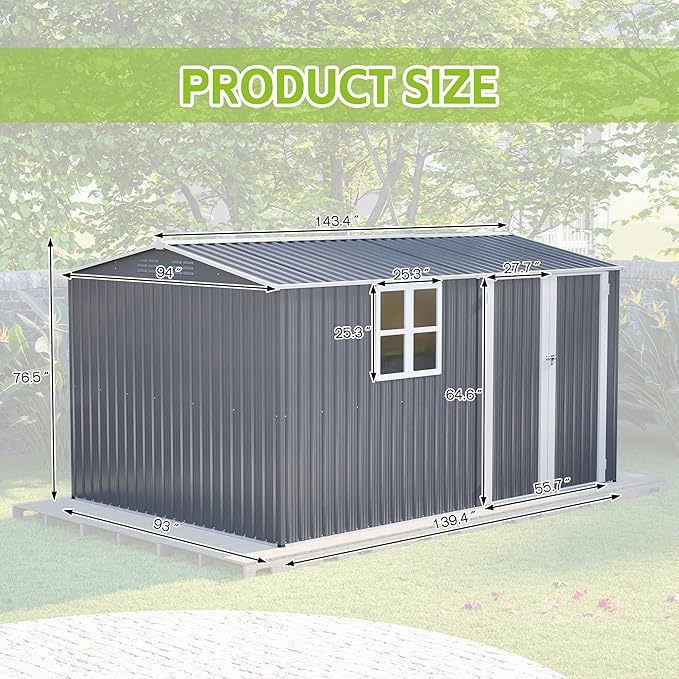 8x12 FT Metal Outdoor Storage Shed with Window & Reinforced Floor Frame, Lockable Double Doors, Weatherproof Steel Garden Tool Shed for Backyard, Lawn Equipment & Patio Organization