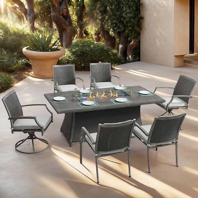Outdoor Patio Furniture Set With Propane Fire Pit 50,000 Btu 7 Pieces 76" Dining Table Rattan Swivel Chairs Include Cushions Lid And Weather Cover Csa Certified for Garden Backyard Conversations Grey