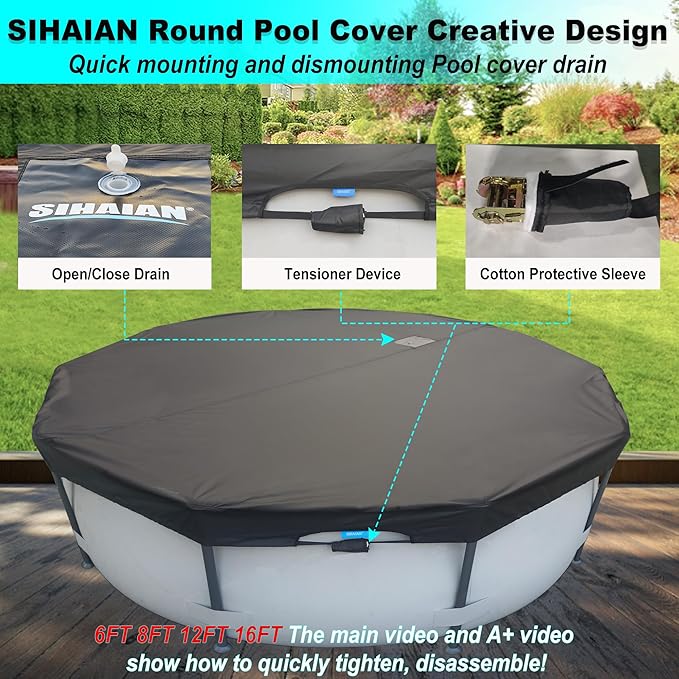 20 Ft Pool Cover, with Automatic Drain Round Pool Cover, One-Piece Quick Installation and Removal Above Ground Pool Cover, Preventing Waterlogging, UV Protected Solar Swimming Pool Cover